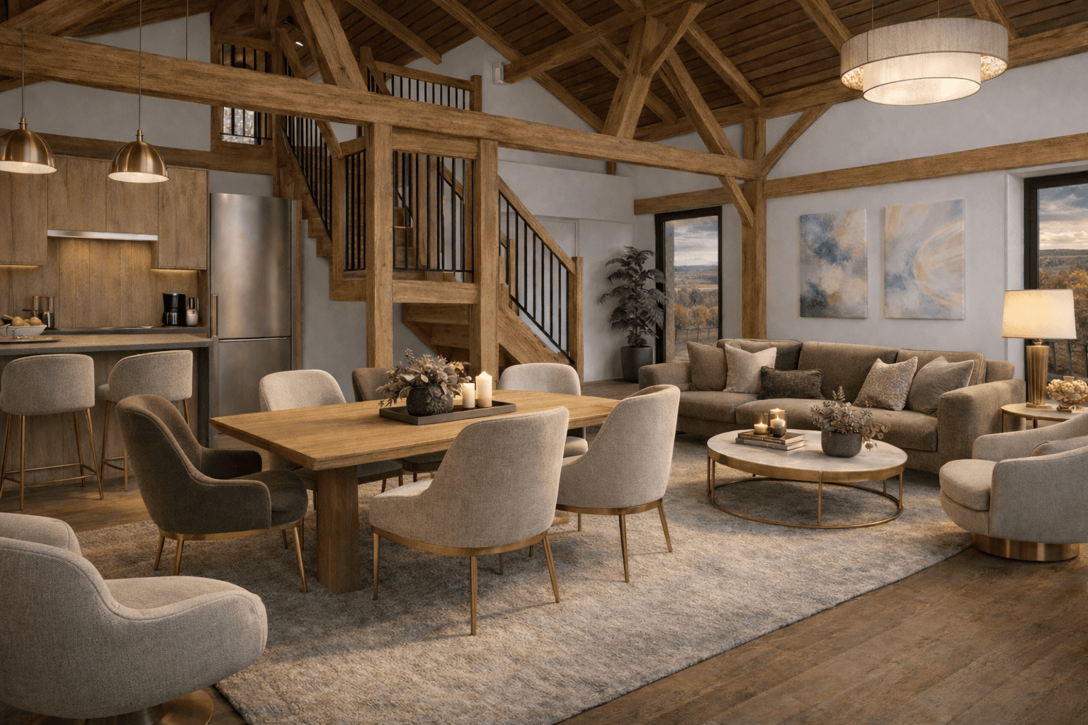 Open-plan barn style timber frame living space showcasing exposed trusses, natural wood structure and soft cottage interiors