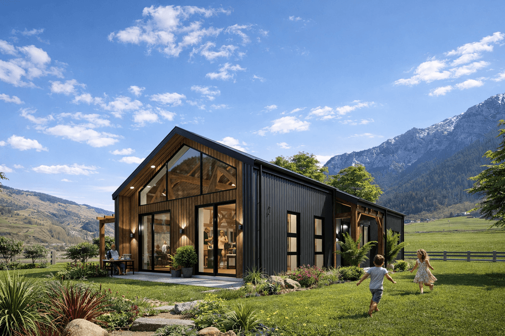 Luxury timber frame barn home with soaring vaulted ceilings, perfect for large families and modern country living.