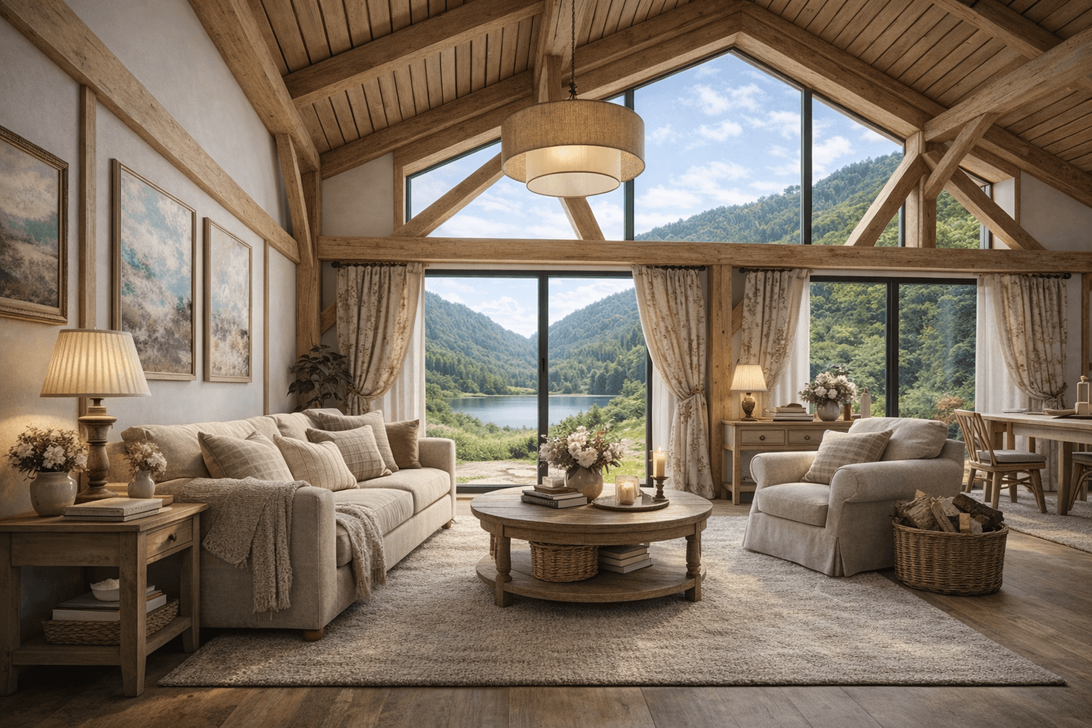 Barn-style timber frame home interior with visible post and beam construction, neutral furnishings and countryside outlook