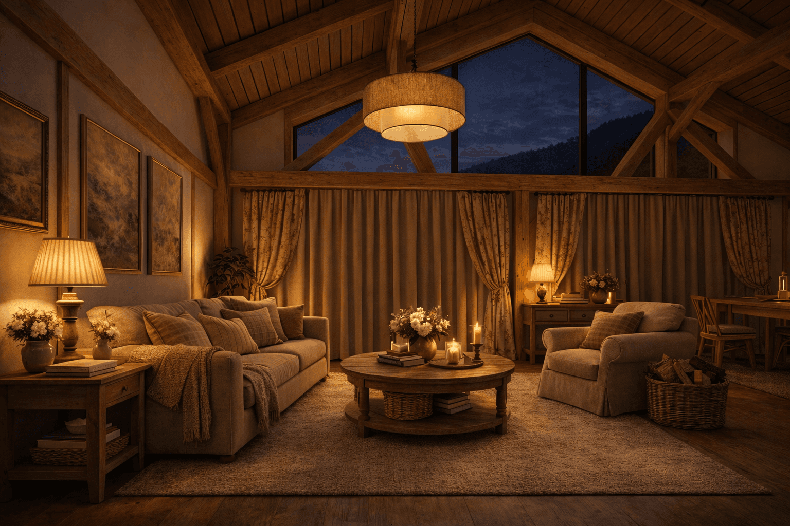 Modern barn-style timber frame living space with natural wood finishes and expansive rural New Zealand countryside views