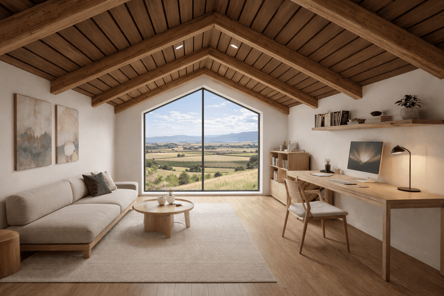 Timber frame barn home interior with exposed beams, vaulted ceiling and panoramic window overlooking Marlborough farmland