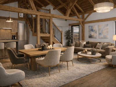 Open-plan barn style timber frame living space showcasing exposed trusses, natural wood structure and soft cottage interiors