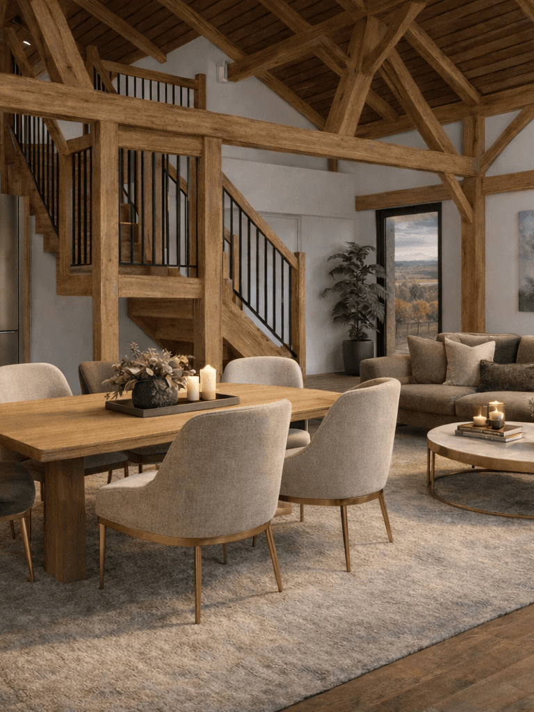 Open-plan barn style timber frame living space showcasing exposed trusses, natural wood structure and soft cottage interiors
