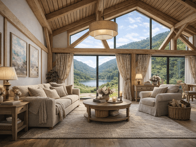 Barn-style timber frame home interior with visible post and beam construction, neutral furnishings and countryside outlook