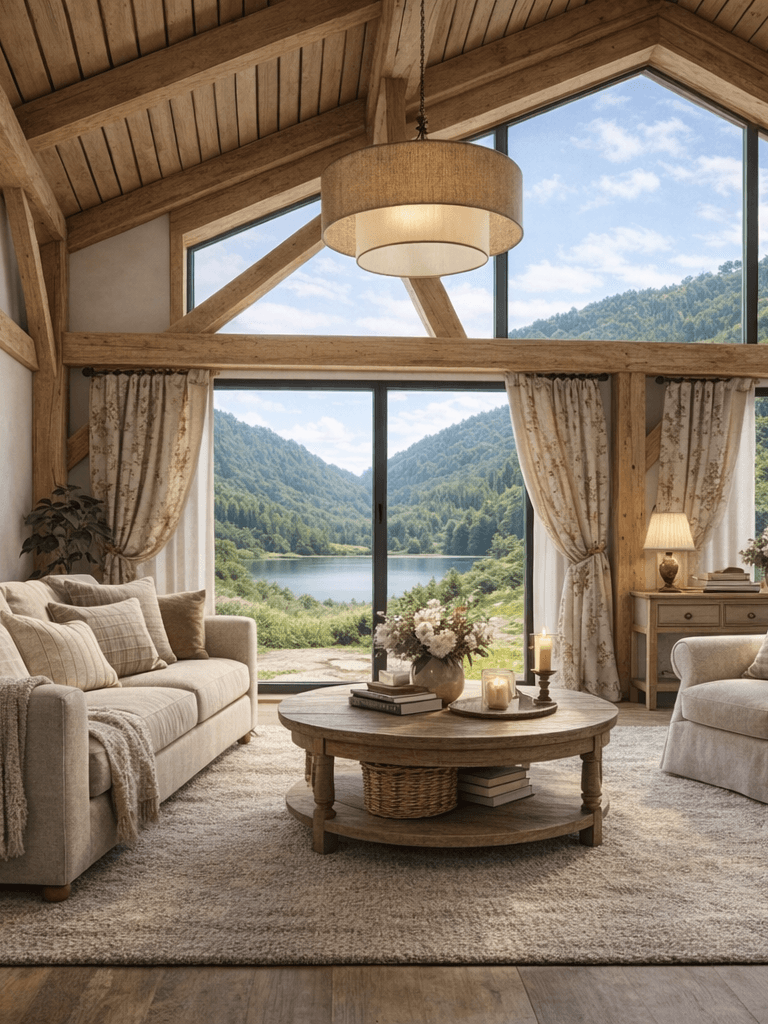 Barn-style timber frame home interior with visible post and beam construction, neutral furnishings and countryside outlook