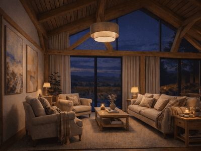 Modern English cottage style living room in a timber frame barn home with exposed timber beams, neutral linen furniture and large windows 