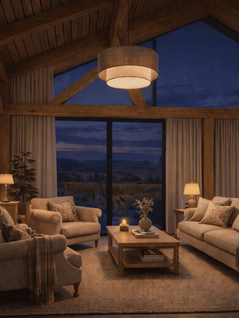 Modern English cottage style living room in a timber frame barn home with exposed timber beams, neutral linen furniture and large windows 