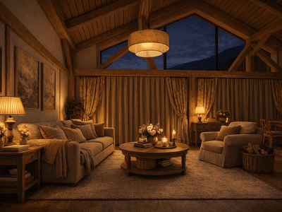 Modern barn-style timber frame living space with natural wood finishes and expansive rural New Zealand countryside views