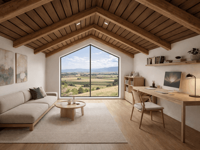 Timber frame barn home interior with exposed beams, vaulted ceiling and panoramic window overlooking Marlborough farmland