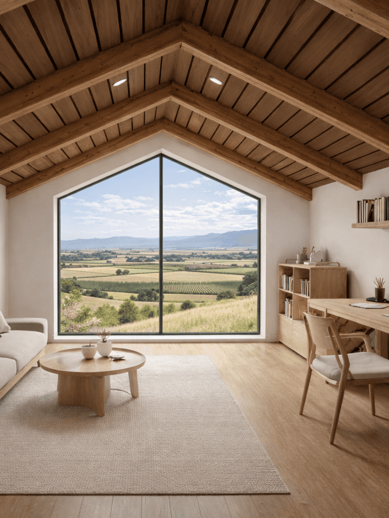 Timber frame barn home interior with exposed beams, vaulted ceiling and panoramic window overlooking Marlborough farmland