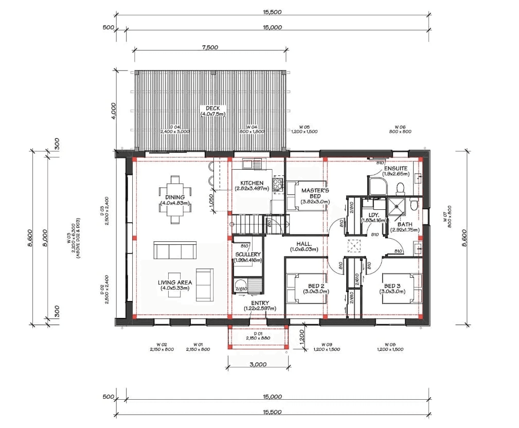 High end barn house floor plan with exposed timber beams and spacious layout