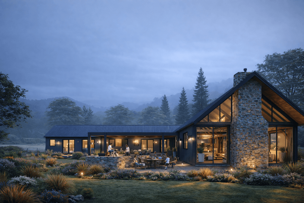 Contemporary NZ barn style home design with separate bedroom wing SIP panels