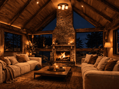 Single level barn house design with open plan living warm ambient lighting great for entertaining