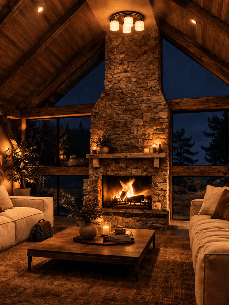 Single level barn house design with open plan living warm ambient lighting great for entertaining