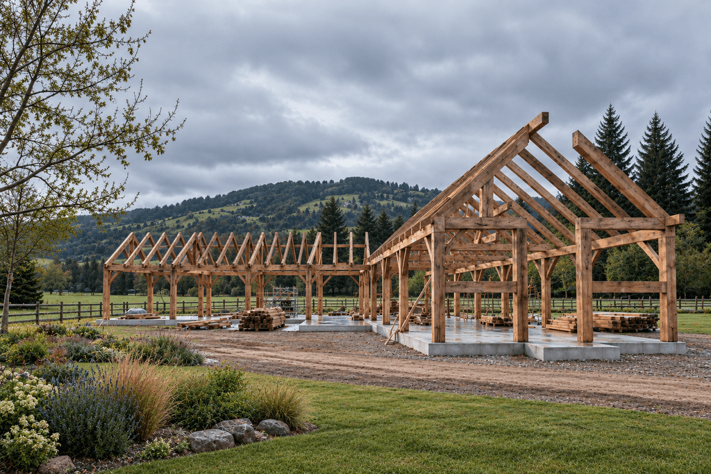 L-shaped timber frame barn home made from sustainable New Zealand timber under construction