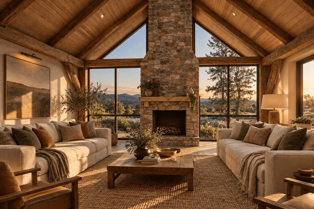 L-shaped timber frame barn home living area in New Zealand, with exposed timber rafters and structural beams by Heritage Timbercraft