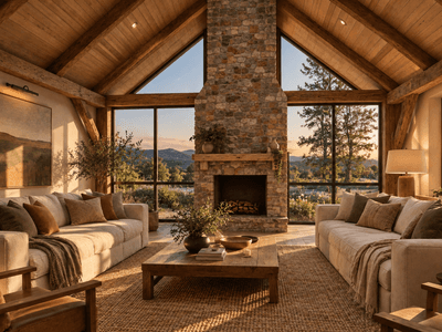 L-shaped timber frame barn home living area in New Zealand, with exposed timber rafters and structural beams by Heritage Timbercraft