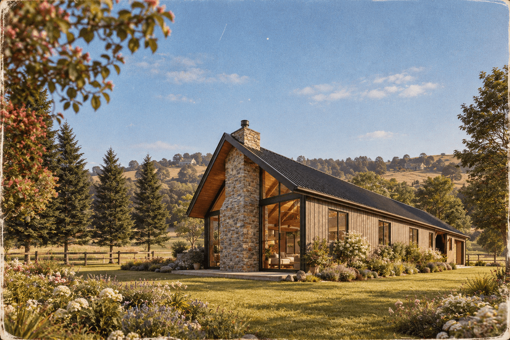 Sustainable NZ timber frame barn home, showcasing exposed Douglas-fir beams, traditional joinery and concrete foundations on a countryside building site.