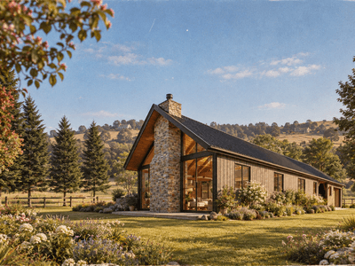 Sustainable NZ timber frame barn home, showcasing exposed Douglas-fir beams, traditional joinery and concrete foundations on a countryside building site.