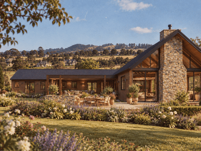 L-shaped timber frame barn home made from sustainable New Zealand timber, featuring traditional mortise and tenon joinery on a rural lifestyle section by Heritage Timbercraft