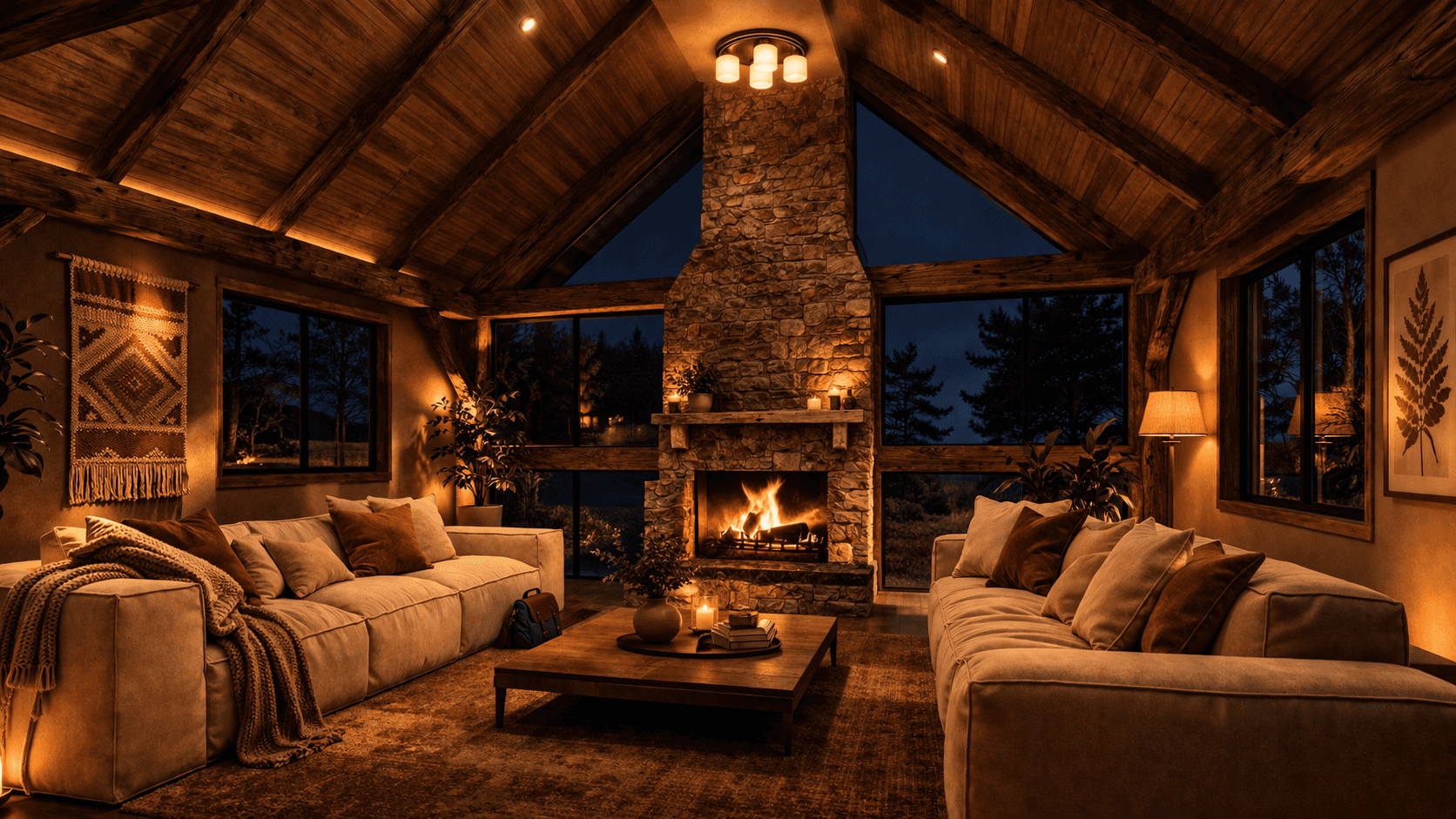 Single level barn house design with open plan living warm ambient lighting great for entertaining