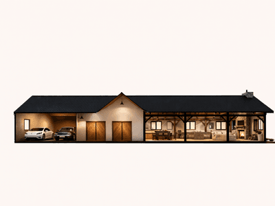 Modern barn style home with expansive front living area cross sectional