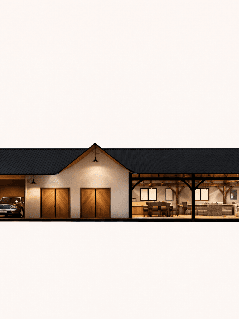 Modern barn style home with expansive front living area cross sectional