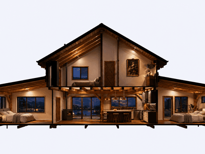 246m2 timber frame family home with cathedral ceilings and covered outdoor living cross section