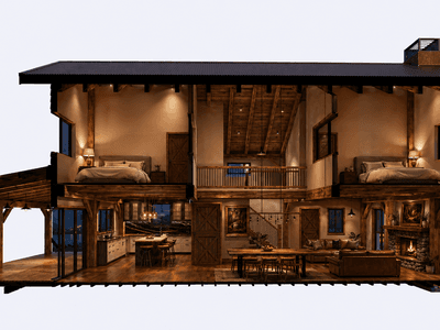 Double storey King Post timber frame home with wide verandas and rural barn-style architecture cross section