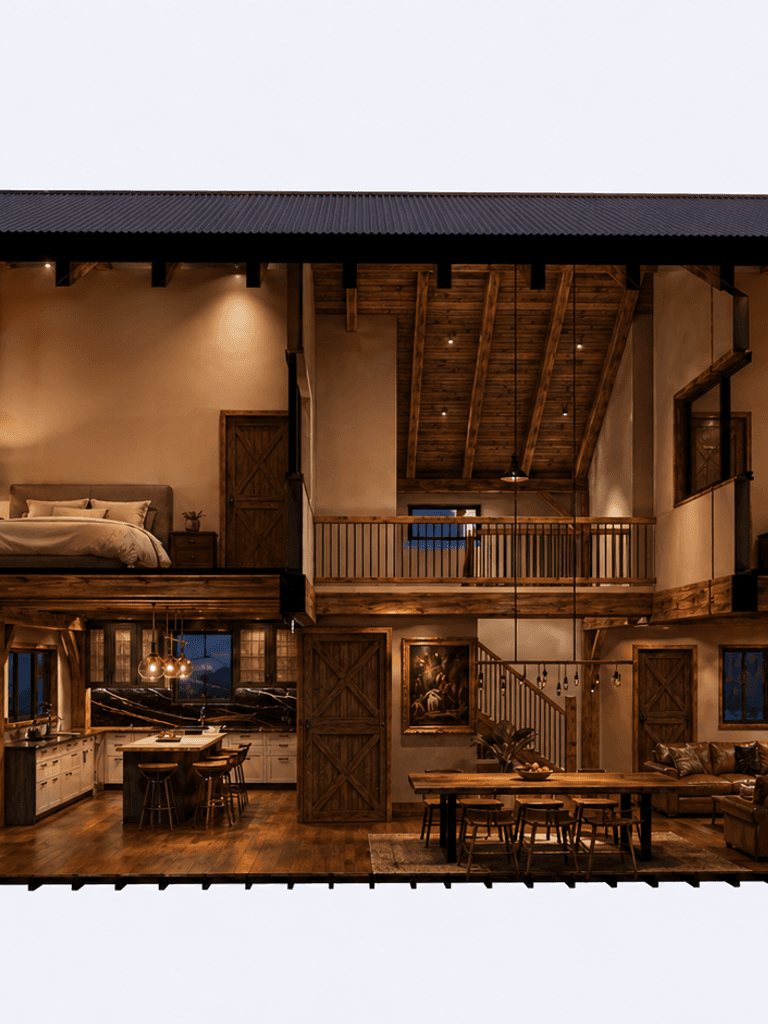 Double storey King Post timber frame home with wide verandas and rural barn-style architecture cross section