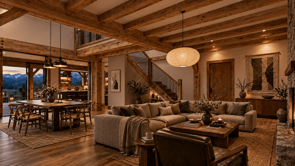 Upper end authentic timber frame barn home for New Zealand high country properties - living area