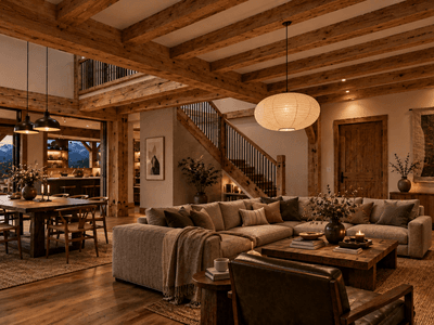 Upper end authentic timber frame barn home for New Zealand high country properties - living area