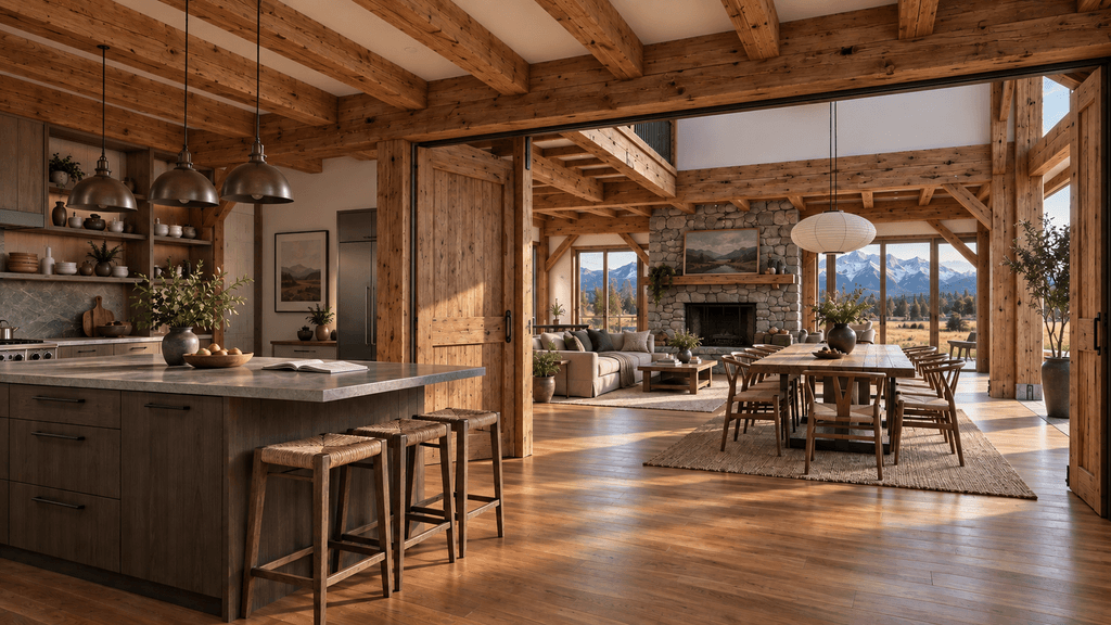 Legacy timber frame home builders, prestigious barn design for rural estates living/dining by Heritage Timbercraft