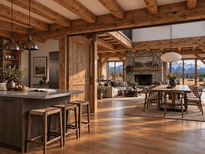 Legacy timber frame home builders, prestigious barn design for rural estates living/dining by Heritage Timbercraft