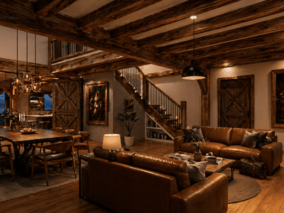 Rustic modern timber frame home designed for large family living and entertaining interior