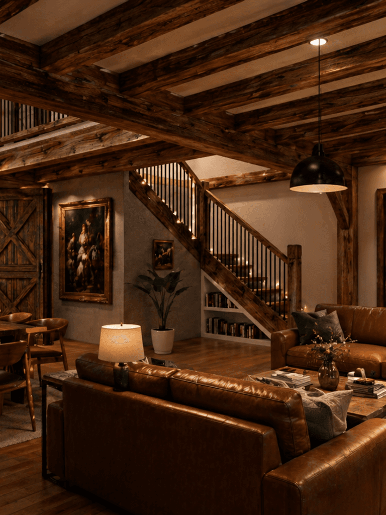 Rustic modern timber frame home designed for large family living and entertaining interior