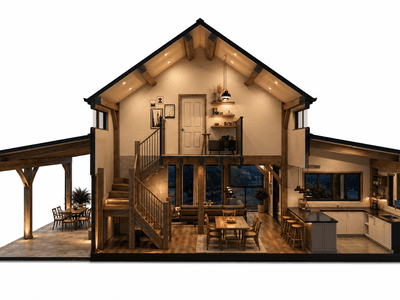 Custom timber frame house with traditional post and beam craftsmanship and modern country home design cross section
