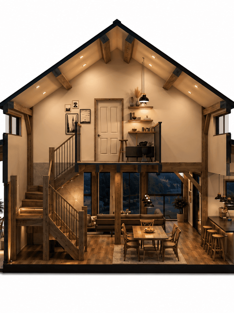Custom timber frame house with traditional post and beam craftsmanship and modern country home design cross section