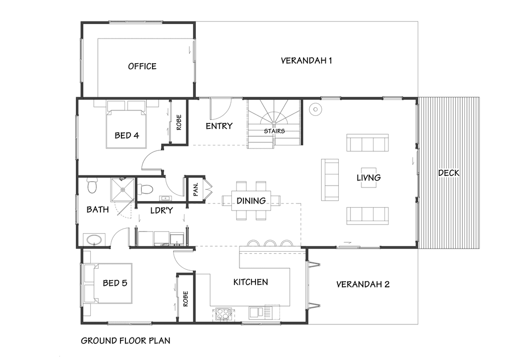 Floor plan for modern lifestyle block home featuring exposed timber framing, barn-inspired architecture and flexible design