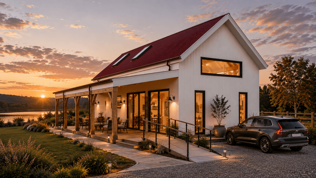 Douglas fir timber frame barn home with covered veranda and accessibility for wheelchairs and older people