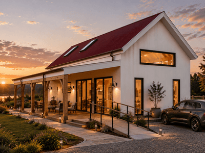 Douglas fir timber frame barn home with covered veranda and accessibility for wheelchairs and older people