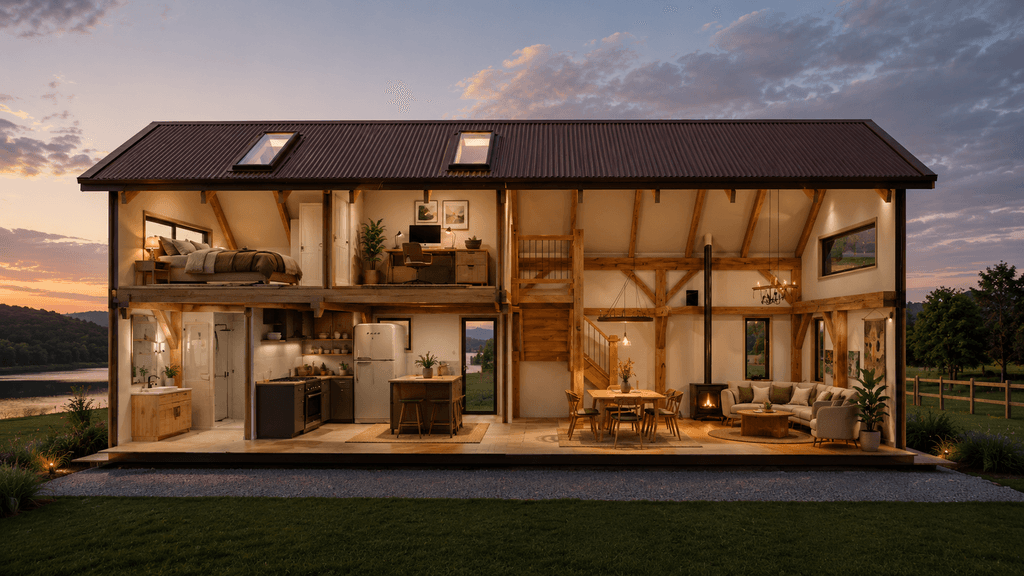 One bedroom barn home designed for downsizers and retirees cross section