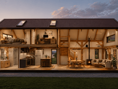 One bedroom barn home designed for downsizers and retirees cross section