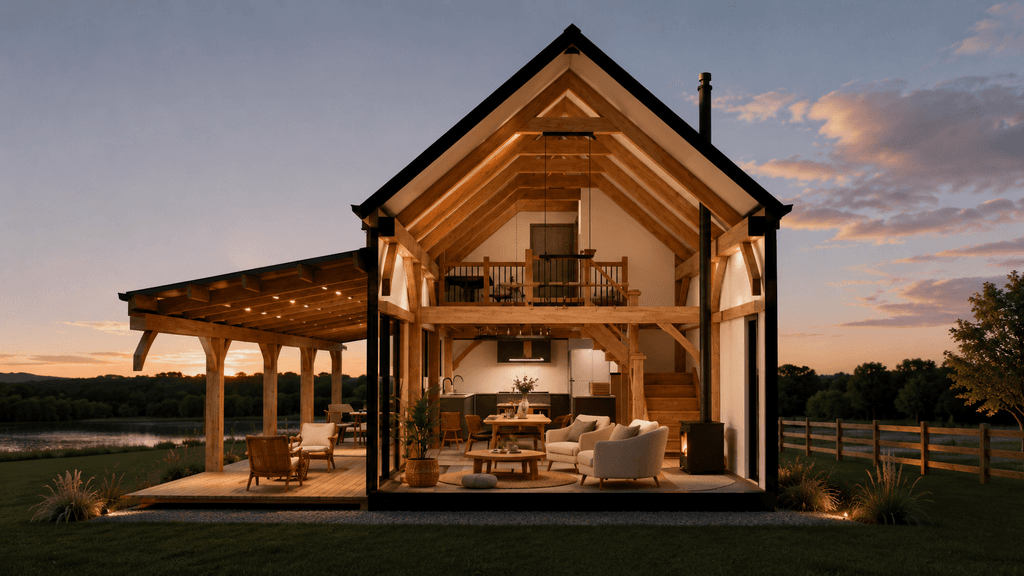 Small elegant timber frame home with gabled barn roof cross section