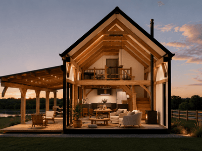 Small elegant timber frame home with gabled barn roof cross section