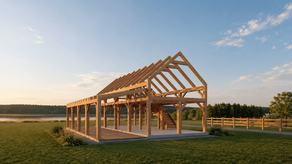 Small elegant timber frame home with gabled barn roof