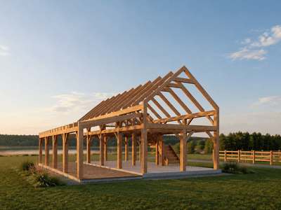 Small elegant timber frame home with gabled barn roof