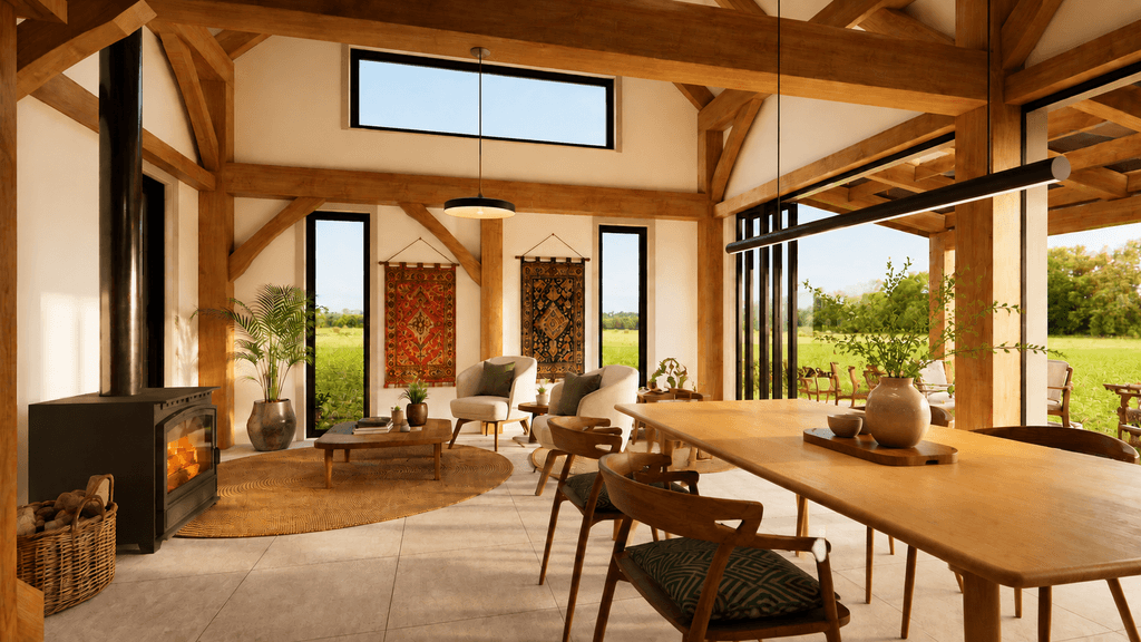 Small timber barn home interior with exposed timber beams and easy outdoor access