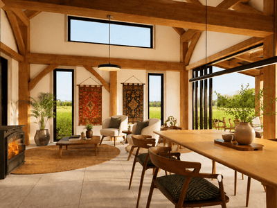 Small timber barn home interior with exposed timber beams and easy outdoor access