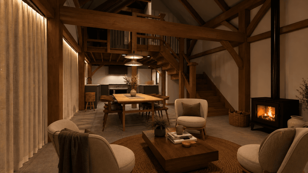 Small timber barn home interior with exposed timber beams